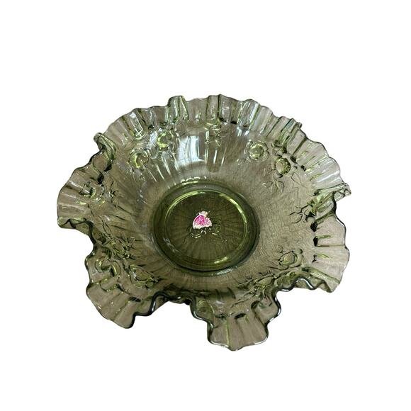Fenton Serving Bowl Olive Green Cabbage Rose Pattern Crimped & Ruffled Rim - Picture 1 of 3